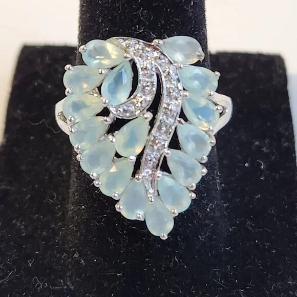 Retired 925 Cluster Teardrop Blue Leaf Aquamarine & White Zircon Size 7 Ring - Picture 7 of 16